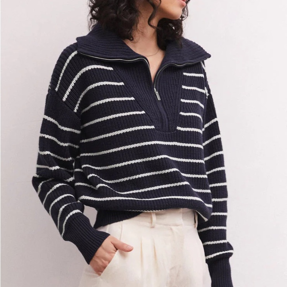 Z Supply Navy and White Striped Cowl Sweater